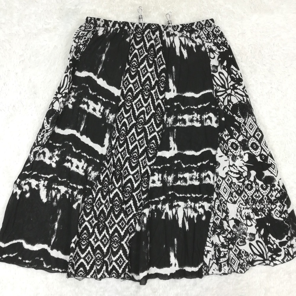 Notations Womens Skirt Maxi Boho Black White Patterned Geometric Sheer Plus 1X